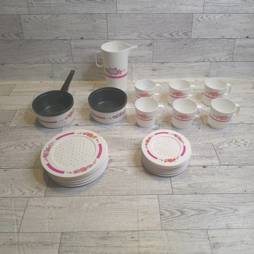 Vintage Chilton Globe Children's Melamine Dish Set 21 Pc Pink Floral Toy Dishes - Picture 1 of 16